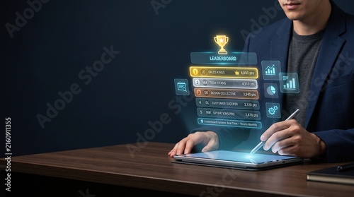 Team leaderboard dashboard with ranked employee performance scores on tablet, real time workplace competition, gamification, collaboration and corporate productivity concept with dark copy space