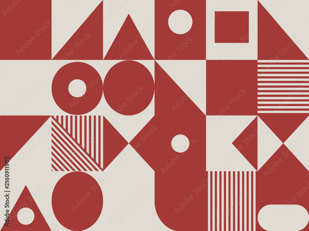 Obraz premium Modern geometric abstract pattern with red and beige shapes featuring circles triangles and striped textures