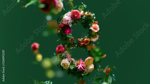 Floral design forms the number eight with various colors and types of flowers
