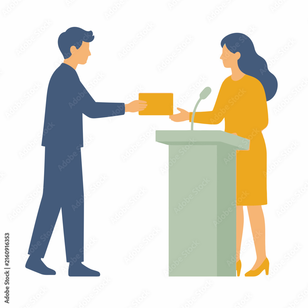 Fototapeta premium Flat vector illustration of a man in blue handing a yellow envelope to a woman standing at a podium with a microphone during an award ceremony or formal business presentation.