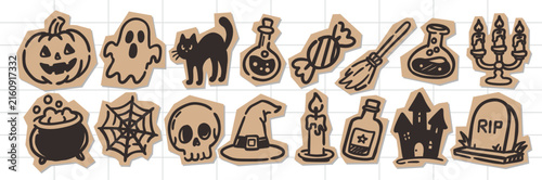 Halloween scrapbook element collection featuring spooky hand drawn illustrations with a vintage paper cutout style, perfect for seasonal crafts, cards, journals, stickers, and creative projects