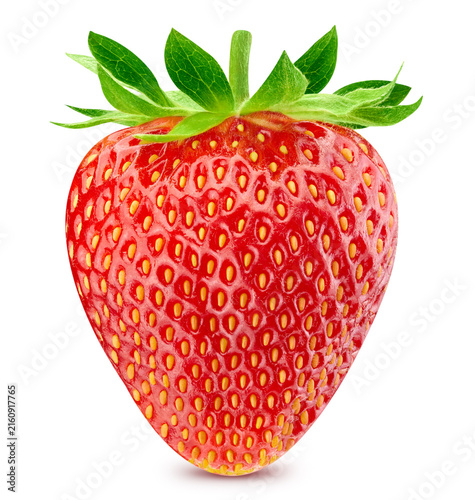 One ripe strawberry for packaging. Fresh red berry isolated on white background with clipping path