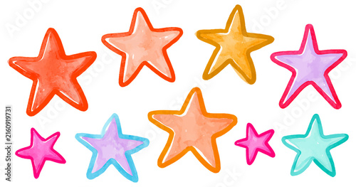 and-drawn star stickers with watercolor textures for scrapbook pages, paper crafts, and creative collage projects with cute doodle elements and funky shapes