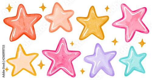  Cute paper star cutouts with hand-drawn details perfect for scrapbook designs, notebook decoration, and creative collage art with unique watercolor brushstrokes