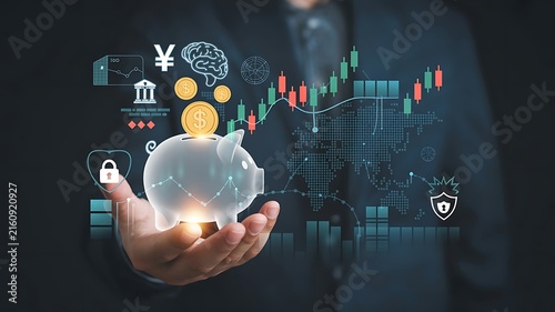 Businessman holding digital piggy bank with financial growth data charts and investment icons for global wealth management and future savings strategy