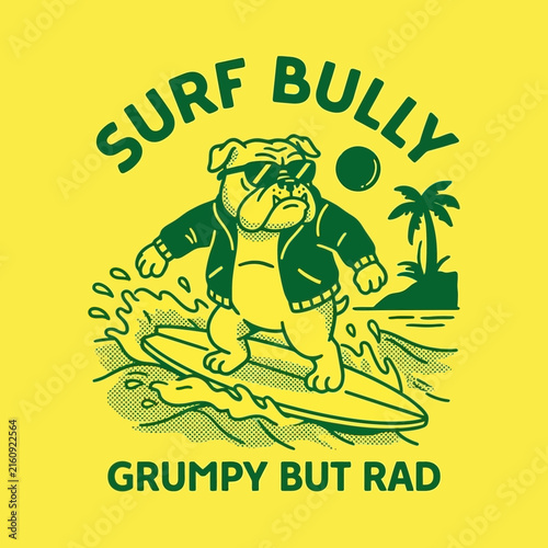 Photography Grumpy Bulldog Surfing on Waves with Sunglasses.