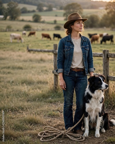 Woman and Dog in Golden Hour Countryside Field