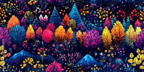 This is a stylized fantasy forest artwork set against deep dark blue background. It is dotted with trees in vivid neon hues of orange, red, yellow and purple, alongside scattered glowing small flowers