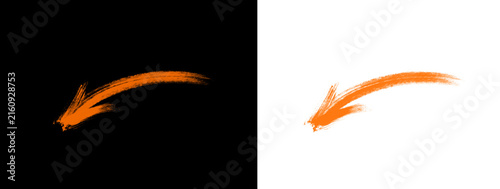 Orange thick hand-drawn brush stroke downward arrow on black and white background, isolated graphic element