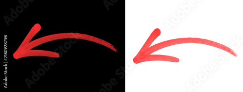 Foto Red thick hand-drawn curved left pointing arrow on black and white background, i