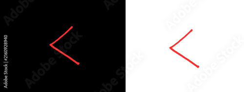 Red hand-drawn simple left chevron arrow on black and white background, isolated graphic element
