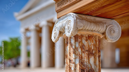 Marble ionic column capital with polished veined shaft supporting entablature in open colonnade setting near classical facade under clear sky daytime light warm tones and architectural detail