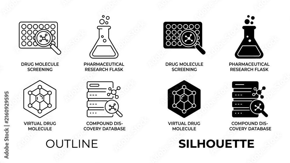 Fototapeta premium Drug Discovery Icons: A set of outline and silhouette icons depicting key stages of drug discovery, including molecular screening, research flask, virtual molecule, and compound database.