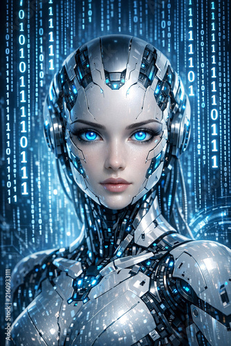 A female cyborg in VR with a futuristic design, composed of digital elements.