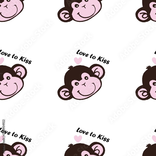 Photography Cute smiling monkey with love to kiss typography seamless pattern on white background for kids apparel, nursery bedding, wallpaper design