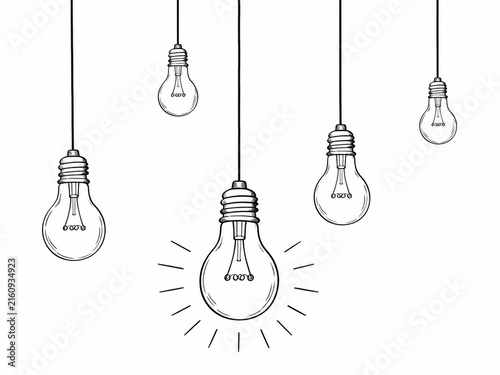 Hanging Light Bulbs with One Glowing Idea Symbolizing Creativity Innovation and Inspiration

