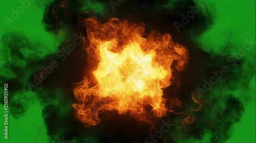 Fiery explosion bloom with smoke on green screen background during dramatic cinematic motion