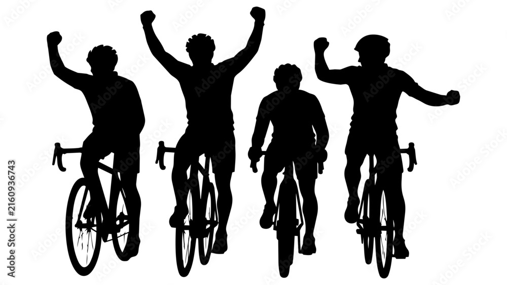 Obraz premium Victorious Cyclists Silhouette Vector Art - Triumphant Bicycle Riders Celebrating Success in Black and White Design