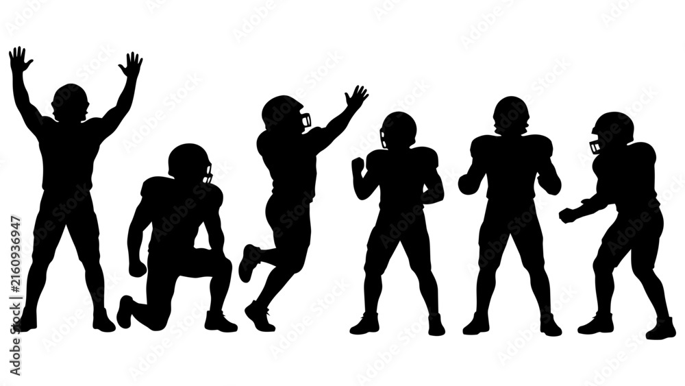 Fototapeta premium Set of Black and White Silhouette Football Players in Dynamic Poses for Sports Posters, Social Media, and Presentation Design
