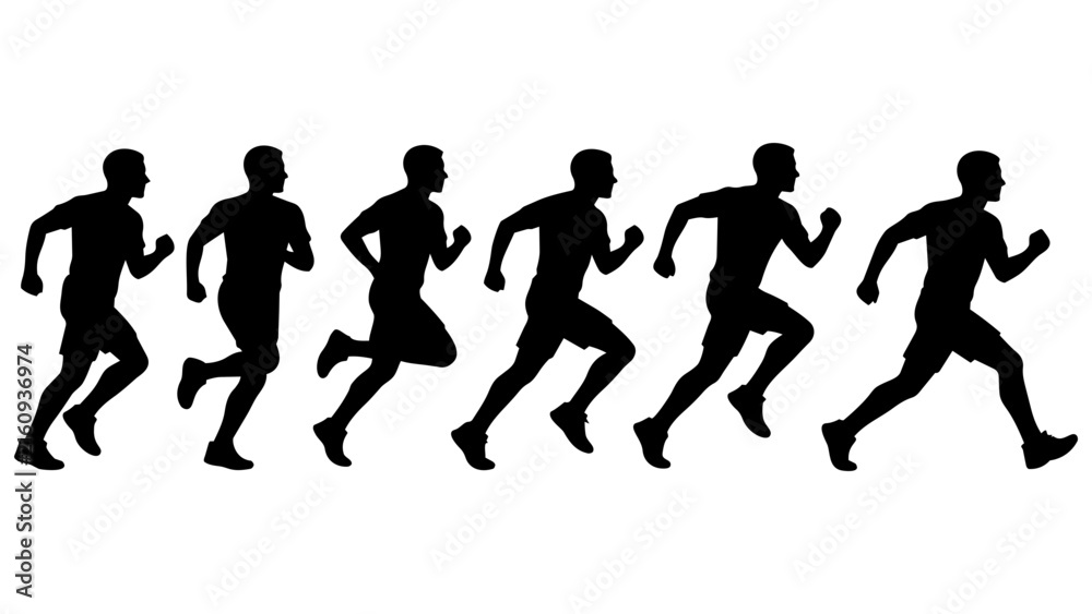 Obraz premium Running Motion Sequence Silhouette Vector Illustration for Sports Design, Fitness Posters, Animation Frames or Marathon Event Graphics