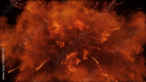 Fiery explosion expanding with glowing particles in darkness with cinematic motion