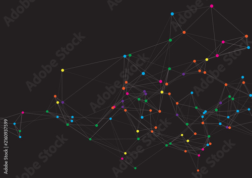 Abstract technology background with a low poly plexus design with colourful dots