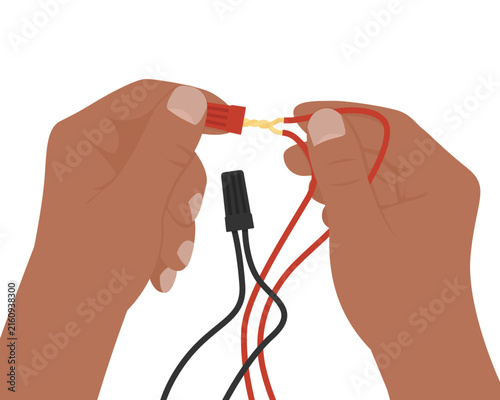 Hands Connecting Electrical Wires with Red Wire Nut Connector. Vector graphic for STEM education, robotics tutorials, DIY electronics guides, and wiring demonstration materials