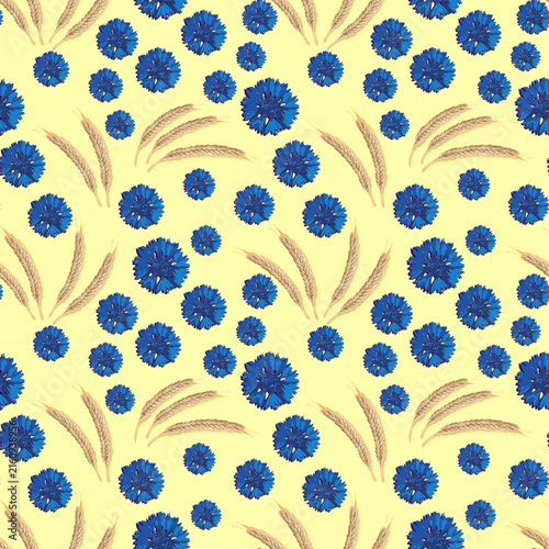 Seamless pattern with cornflowers and  ears of rye  on lemon yellow background