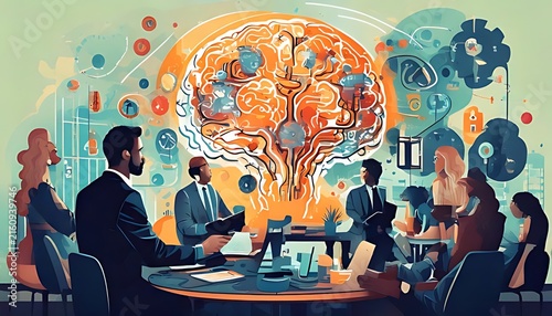 Business team meeting discussing artificial intelligence innovation and digital transformation strategy.
