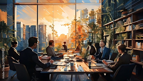 Business team meeting in a modern office with sunset city skyline view.