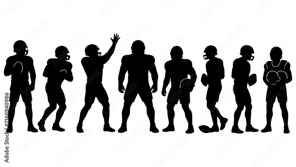 Obraz premium Set of Black and White Silhouette American Football Players in Various Action Poses for Sports Design, Posters, and Illustrations