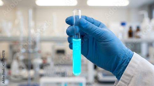Scientist Holding Glowing Blue Liquid in Test Tube in Modern Laboratory
