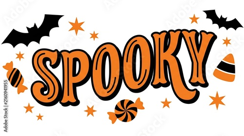 A festive halloween design featuring the word spooky in orange lettering surrounded by bats candy and star decorations