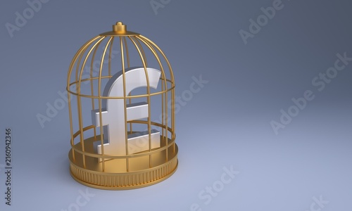 A silver pound sterling symbol is trapped inside a golden birdcage