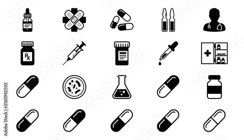 Canvas Print Medical Pharmacy and Healthcare Silhouette Icon Set Featuring Pills Capsules Med
