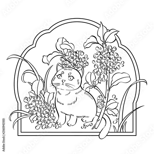 Lovely cat and osmanthus flower illustration—Mid-Autumn Festival wallpaper, black and white, digital art.