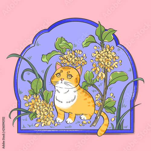 Lovely cat and osmanthus flower illustration—Mid-Autumn Festival wallpaper, digital art.