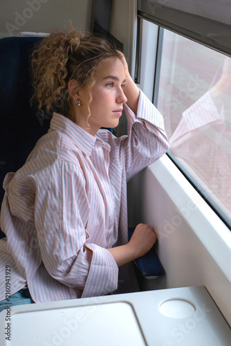 Female traveler looks out the window of an intercity train carriage