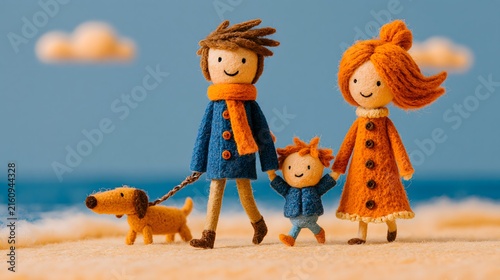 Famille heureuse en feutrine avec enfant et chien marchant au bord de la mer