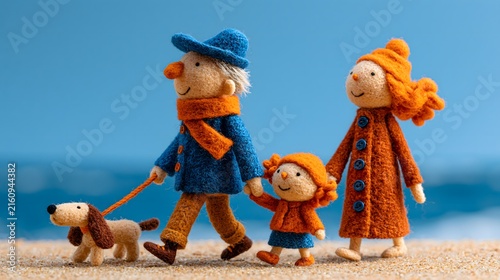 Parents en feutrine tenant la main de leur enfant pendant une promenade avec leur chien à la plage