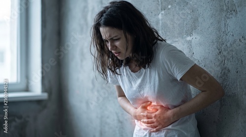 Distressed young woman clutches her stomach while experiencing severe abdominal pain in a dimly lit room with soft natural lighting