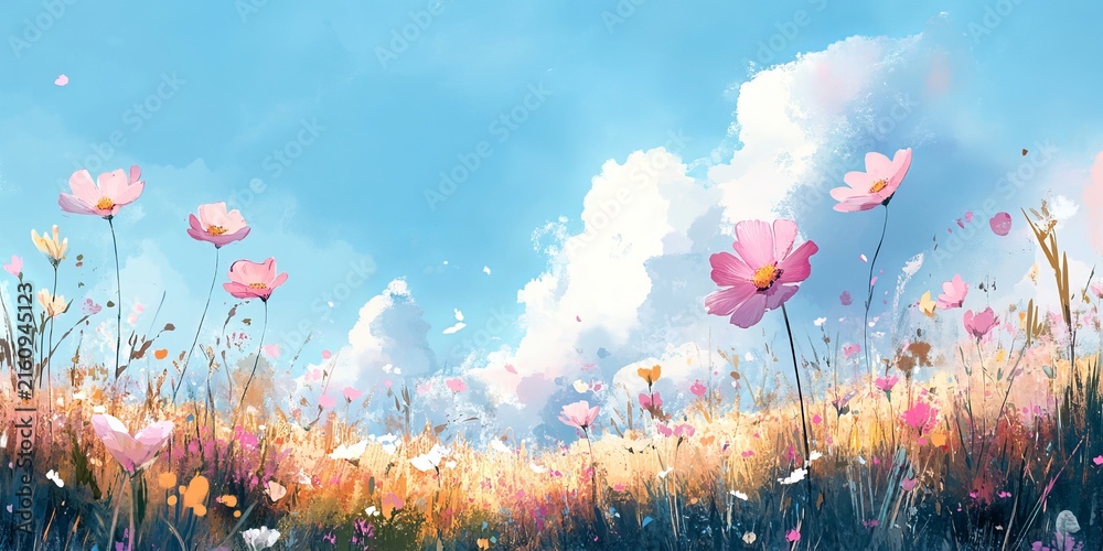Fototapeta premium Watercolor Painting of a Soft Pink Cosmos Field with Gentil White Clouds and Summer Morning Sky.