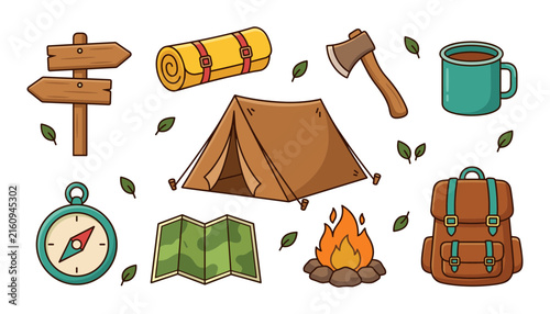 Outdoor Camping and Scouting Icon Set with Tent Backpack Fire and Navigation Elements for Summer Camp Apps and Active Lifestyle Media Designs