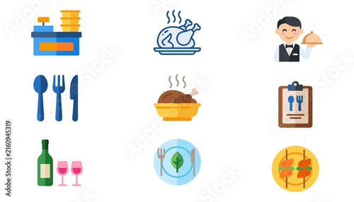 Restaurant and Fine Dining Flat Icon Set with Waiter Menu Chicken and Wine Symbols for Catering Websites Infographics and Creative Content Designs