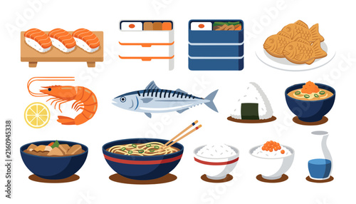  Traditional Japanese Culinary Icon Set with Salmon Sushi Ramen Noodles Bento Box and Fish Pastry Elements for Culture Blogs and Active Lifestyle Designs