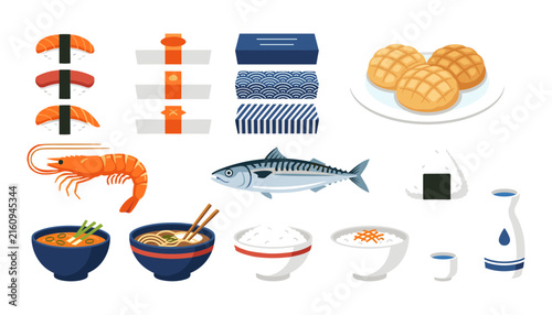  Japanese Food and Asian Cuisine Icon Set with Sushi Ramen Melonpan and Seafood Symbols for Restaurant Menus Apps and Digital Media Designs