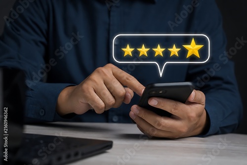 Hands using smartphone with five star rating graphic overlay