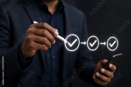 Person holding a pen drawing a process flow with checkmarks in the air