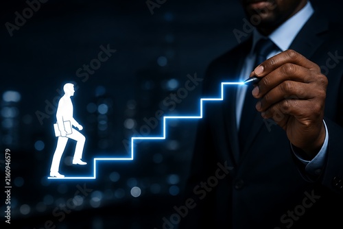Businessman draws glowing steps to success with city lights in background