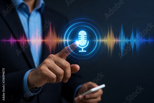 Finger pointing at smartphone with colorful microphone and soundwave hologram